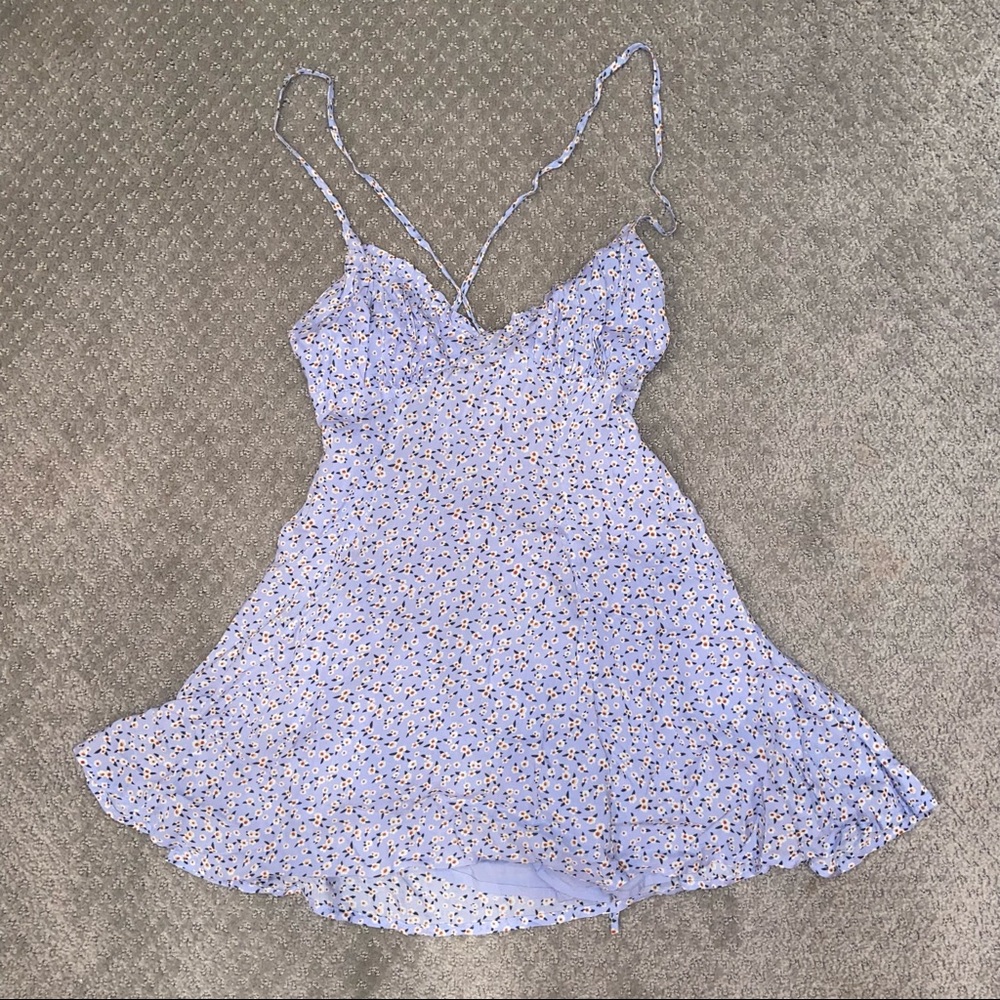 Beginning Boutique blue floral backless romper